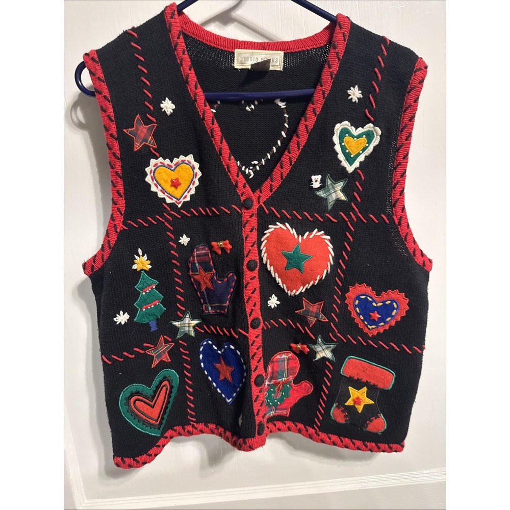 Studio Works Vintage Christmas Sweater Vest Tree Heart Patchwork Black L Star